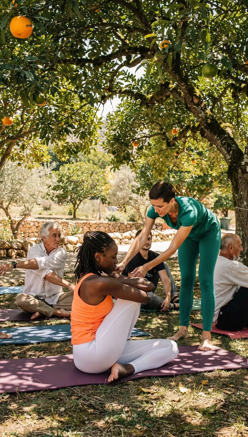 Vista cercana de manos entrelazadas en una postura de meditación, simbolizando la conexión y la energía durante la práctica de yoga.