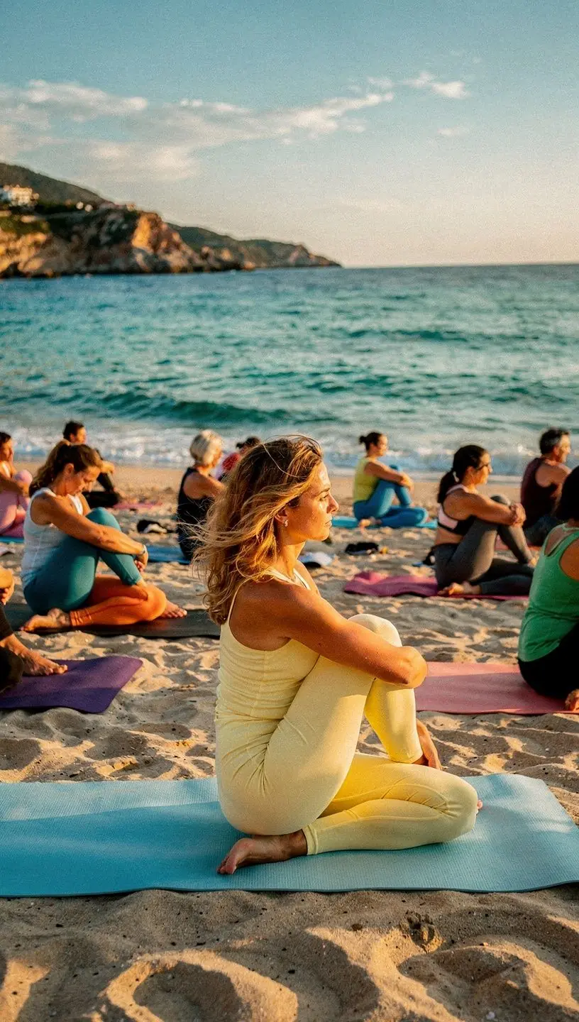 Grupo de practicantes de yoga en una clase, ejecutando secuencias de torsión para la desintoxicación.