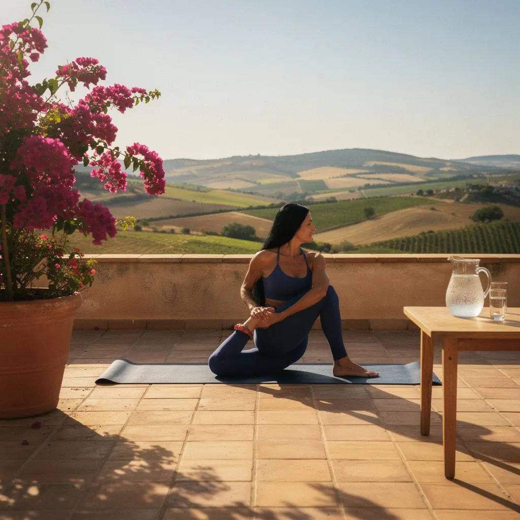 Una persona realizando una torsión espinal en una esterilla de yoga, rodeada de un entorno natural y tranquilo.