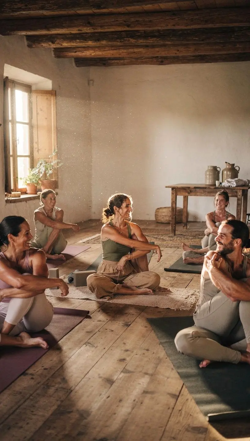 Una mujer en una postura de torsión, rodeada de naturaleza, respirando profundamente.