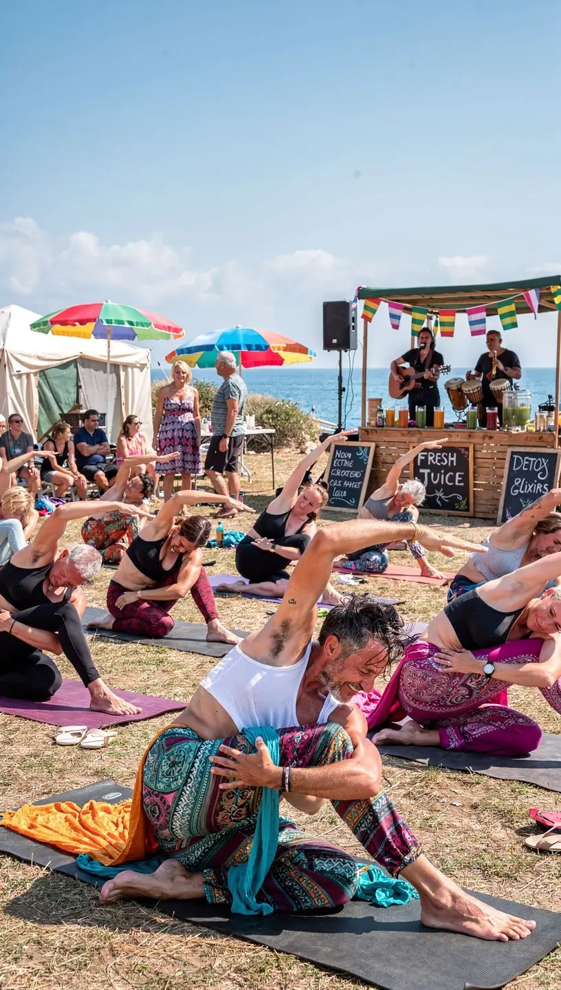 Una mujer en una postura de torsión, rodeada de naturaleza, respirando profundamente.