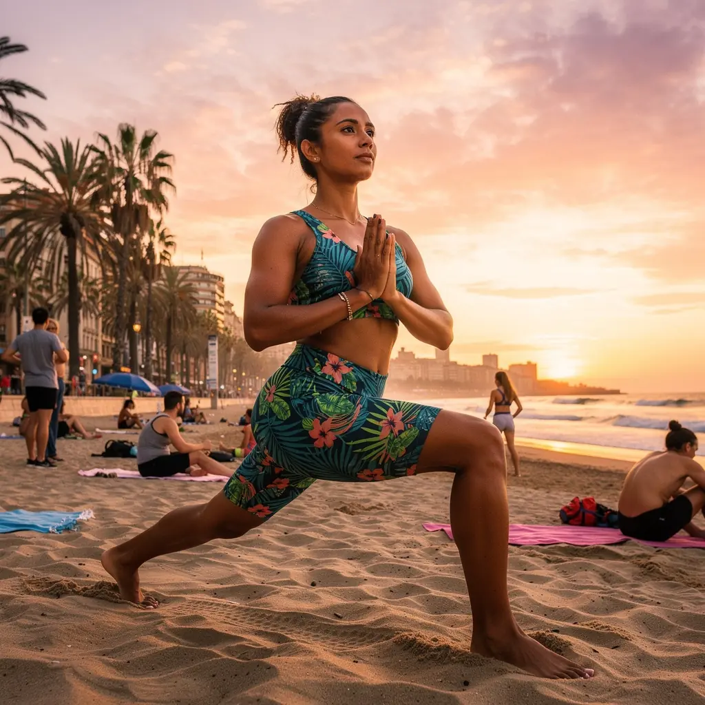 Una mujer en una postura de torsión, rodeada de naturaleza, respirando profundamente.