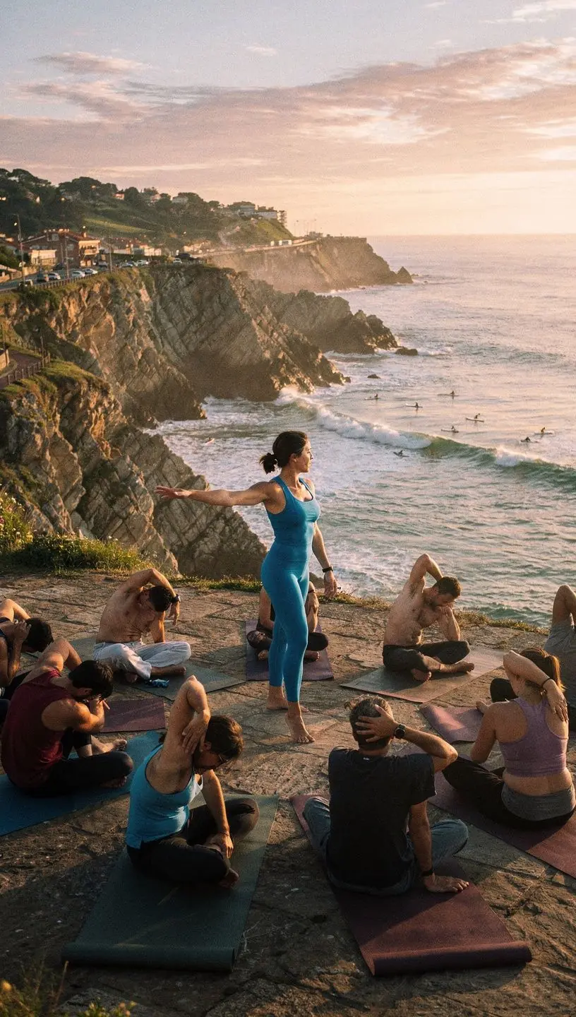 Una mujer en una postura de torsión, rodeada de naturaleza, respirando profundamente.
