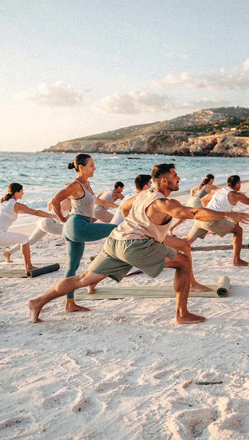 Una mujer en una postura de torsión, rodeada de naturaleza, respirando profundamente.